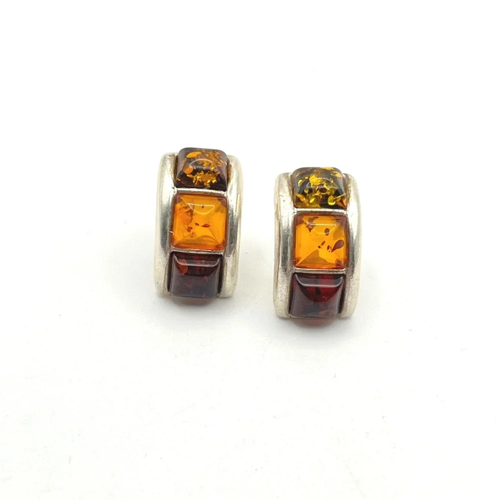 Sterling Silver‎ Baltic Amber J-Hoop Post Earrings Made in Poland Multi Color